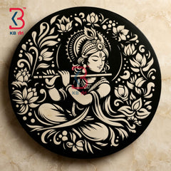 KB ART 12 Inch Handcrafted Wooden Wall Plate Pichwai Lord Krishna Flute Lotus Mandala Black Wall Decor