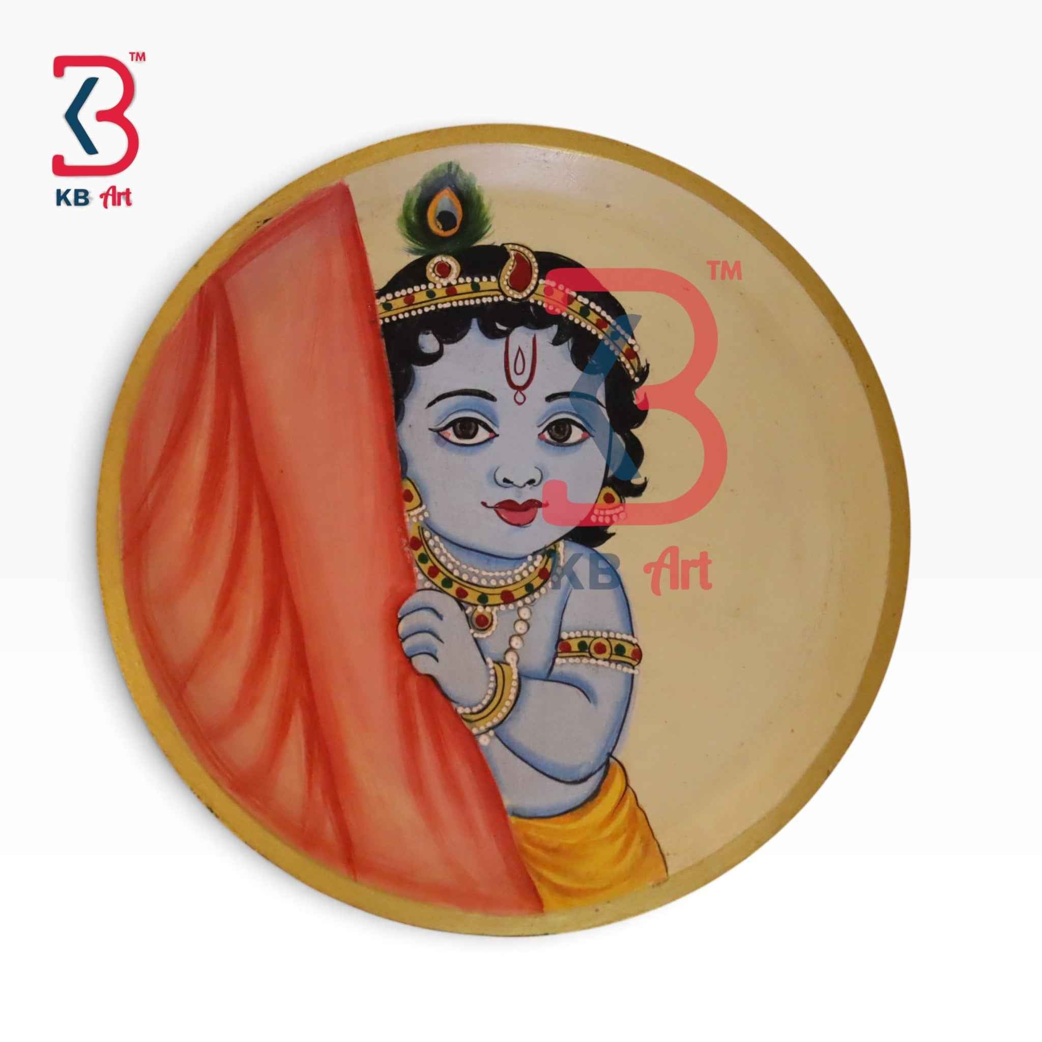 KB ART 12 Inch Handcrafted Wooden Wall Plate Pichwai Baby Krishna Curtain Antique Cream Wall Decor