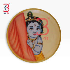 KB ART 12 Inch Handcrafted Wooden Wall Plate Pichwai Baby Krishna Curtain Antique Cream Wall Decor