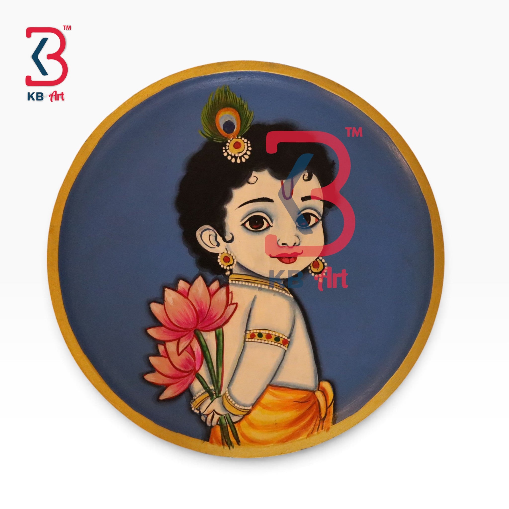 KB ART Ethnic rajasthani wooden ladu gopal ji god pichwai plate for foyer styling – styled home decor lifestyle view