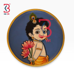 KB ART Ethnic rajasthani wooden ladu gopal ji god pichwai plate for foyer styling – styled home decor lifestyle view