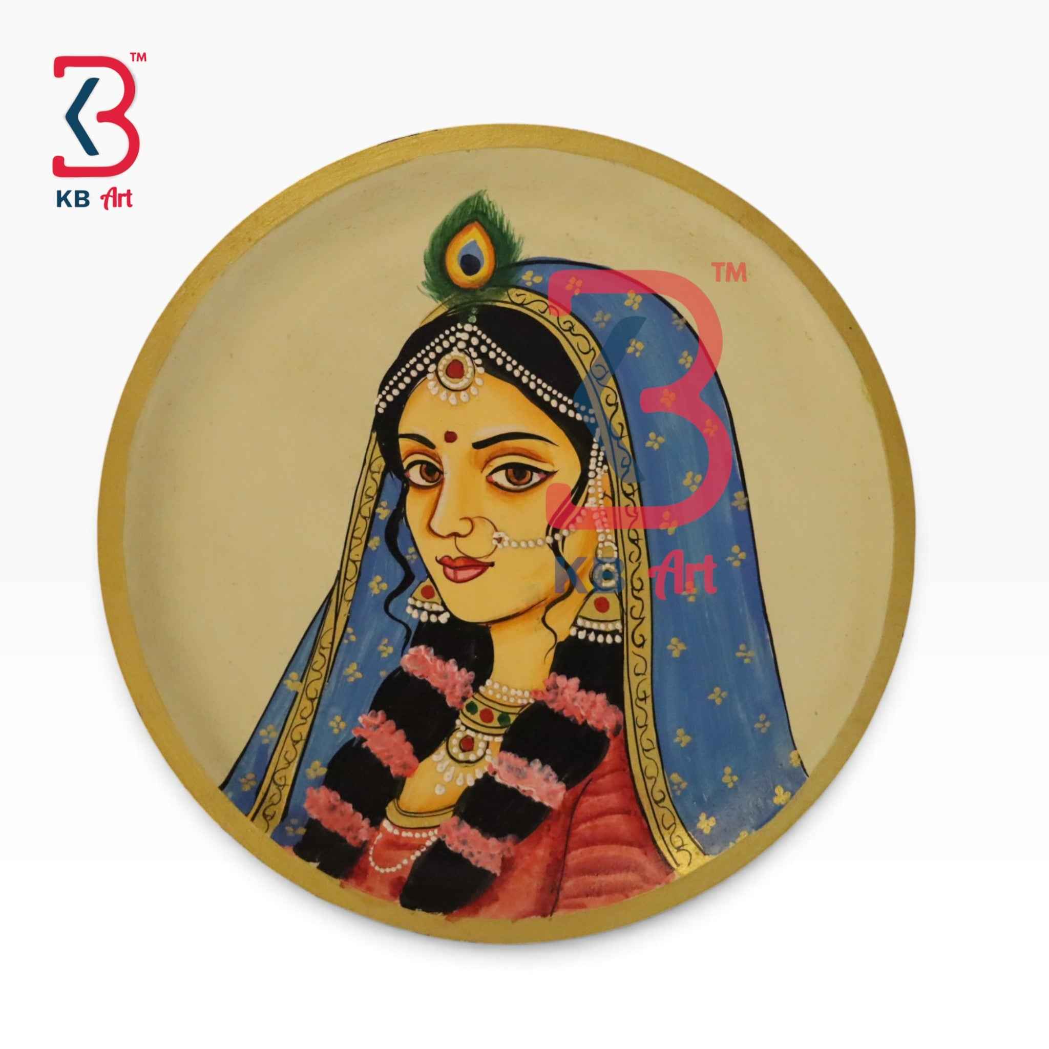 KB ART 12 Inch Handcrafted Wooden Wall Plate Pichwai Radha Rani Portrait Blue Veil Wall Decor