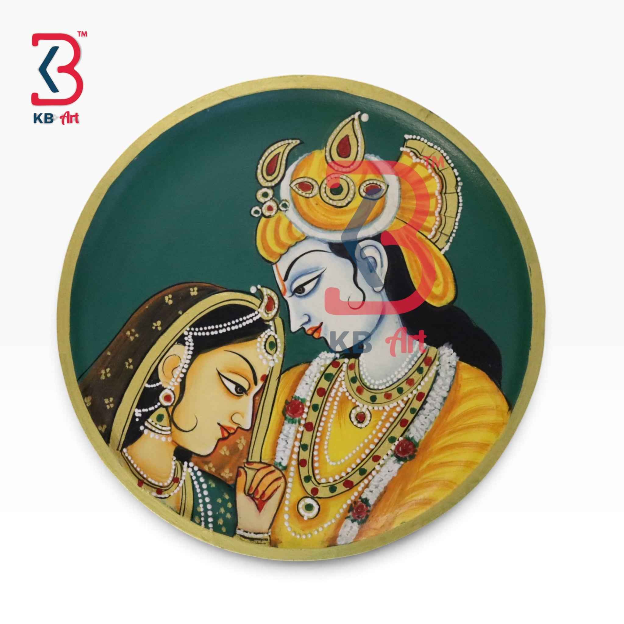 KB ART 12 Inch Handcrafted Wooden Wall Plate Pichwai Radha Krishna Loving Communion Emerald Green Wall Decor