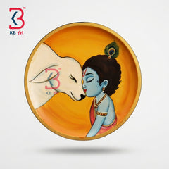 KB ART Solid wood round hand painted bal kanhaji with cow god pichwai plate gift item – styled home decor lifestyle view