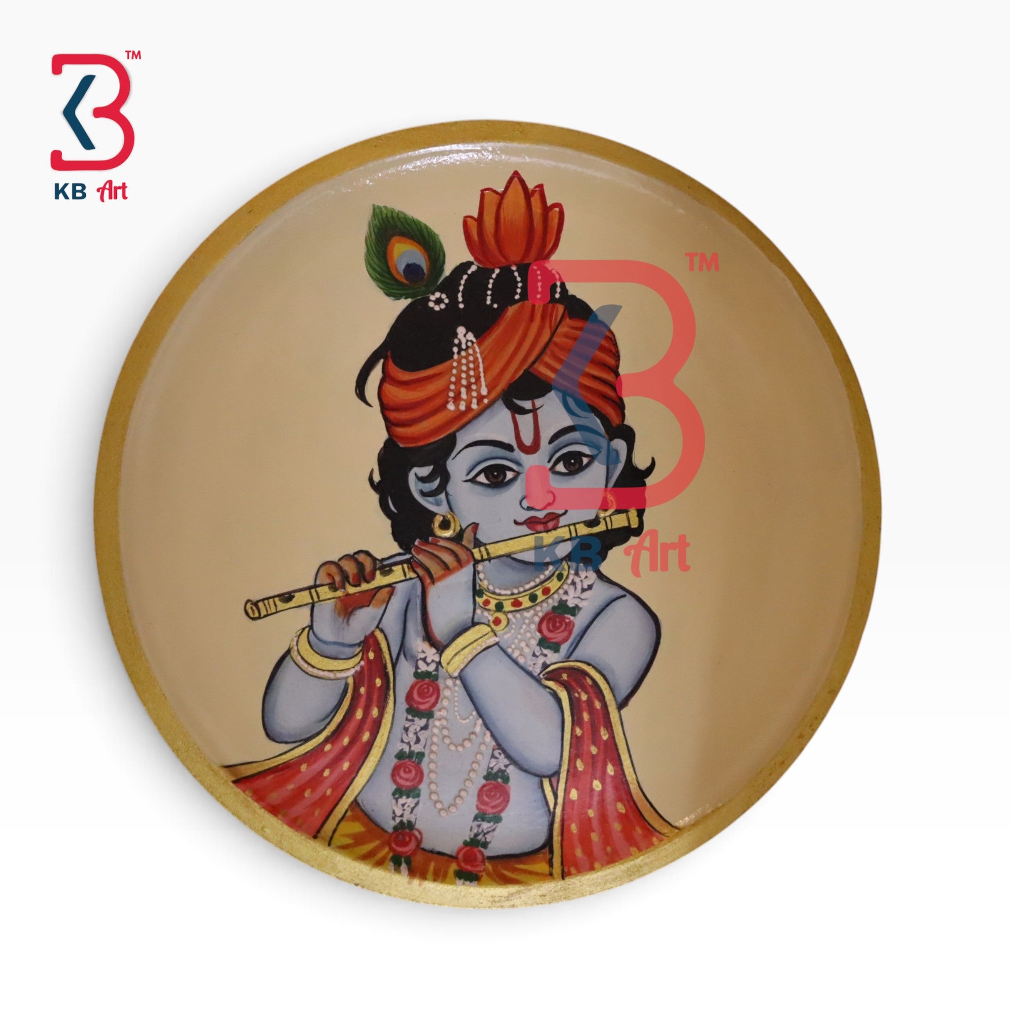 KB ART Artisan made hand painted wooden bal kanhaji god pichwai decor plate – styled home decor lifestyle view