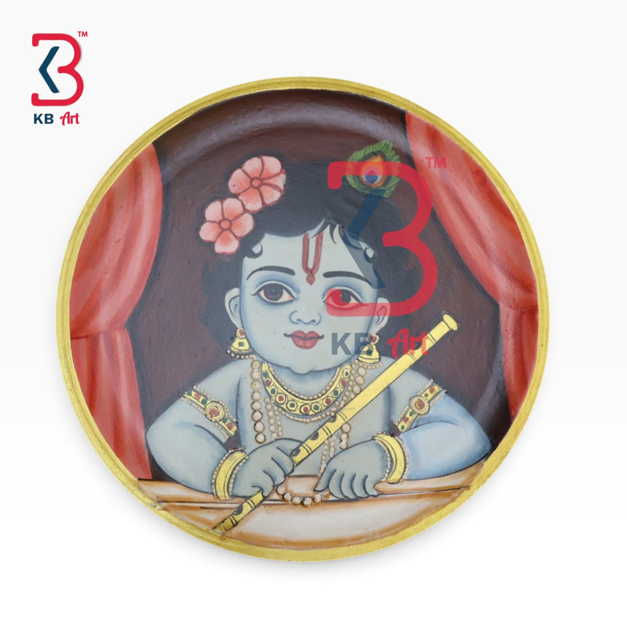 KB ART Rustic indian handicrafts wood bal gopal ji lord kanha god pichwai wall plate – styled home decor lifestyle view
