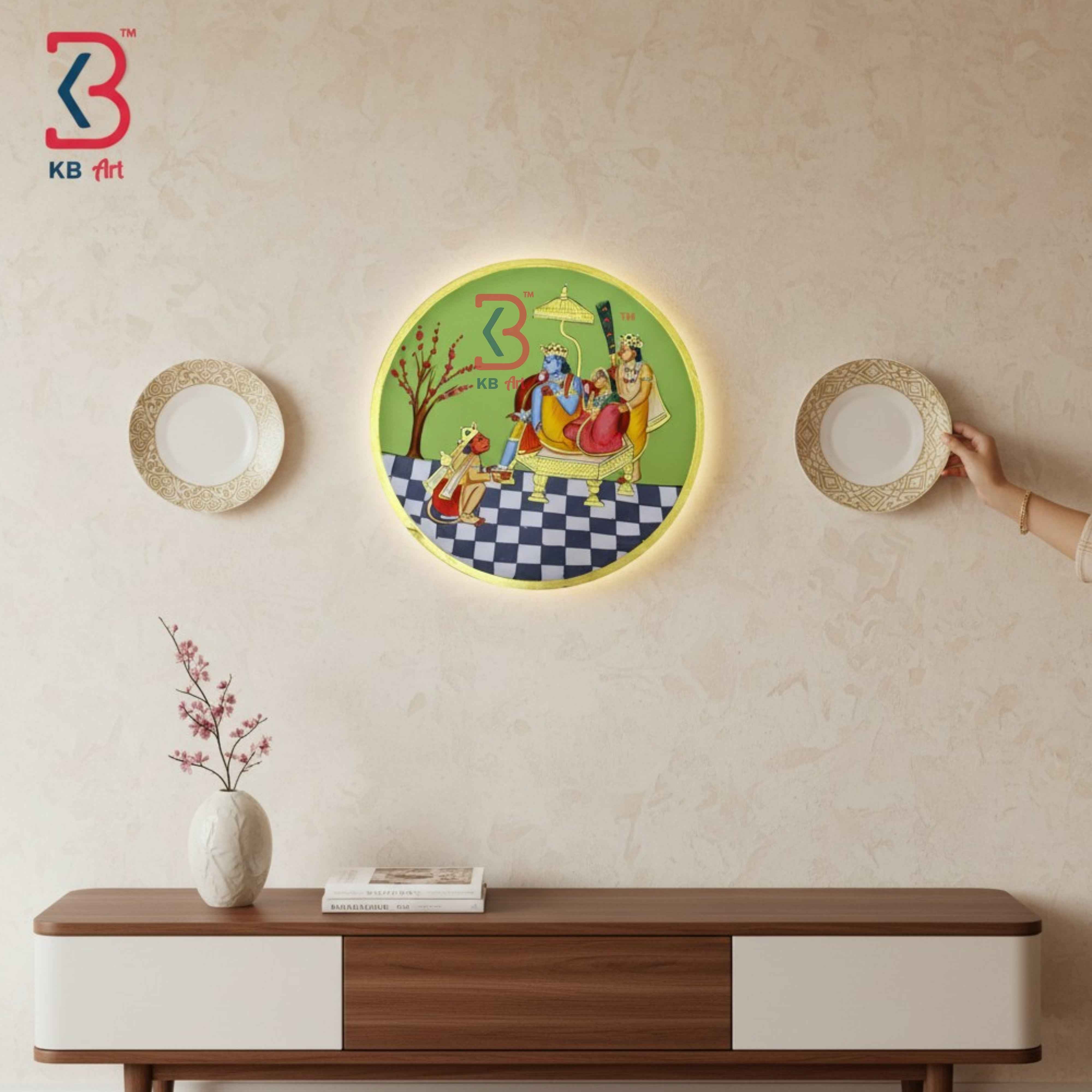 KB ART 12 Inch Handcrafted Wooden Wall Plate Pichwai Ram Darbar Green Courtyard Wall Decor