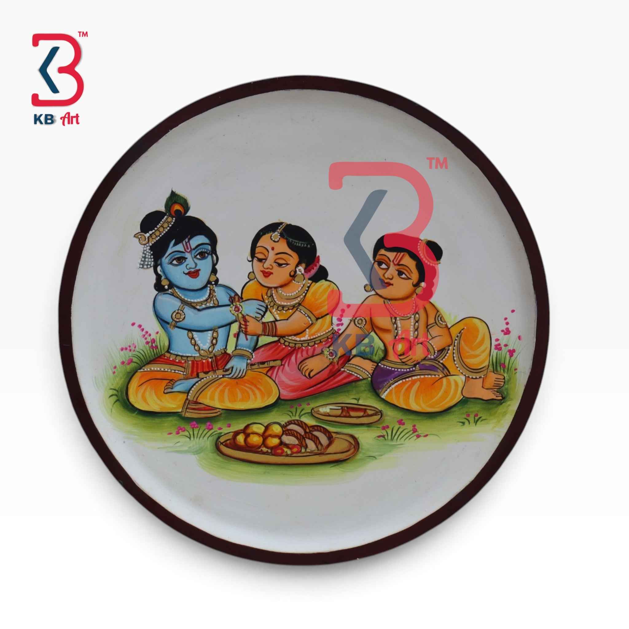 KB ART 12 Inch Handcrafted Wooden Wall Plate Pichwai Jagannath Balram Subhadra Feast Wall Decor