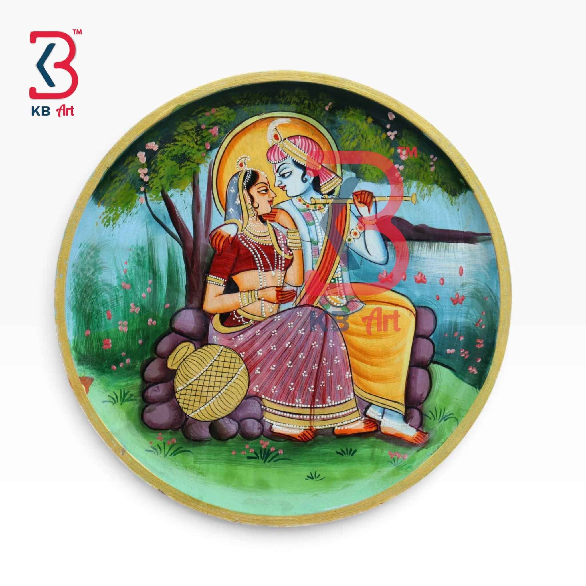 KB ART 12 Inch Handcrafted Wooden Wall Plate Pichwai Radha Krishna Raas Leela Tree Wall Decor
