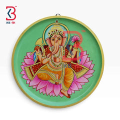 KB ART 12 Inch Handcrafted Wooden Wall Plate Pichwai Lord Ganesha Lotus Mint Green Wall Decor
