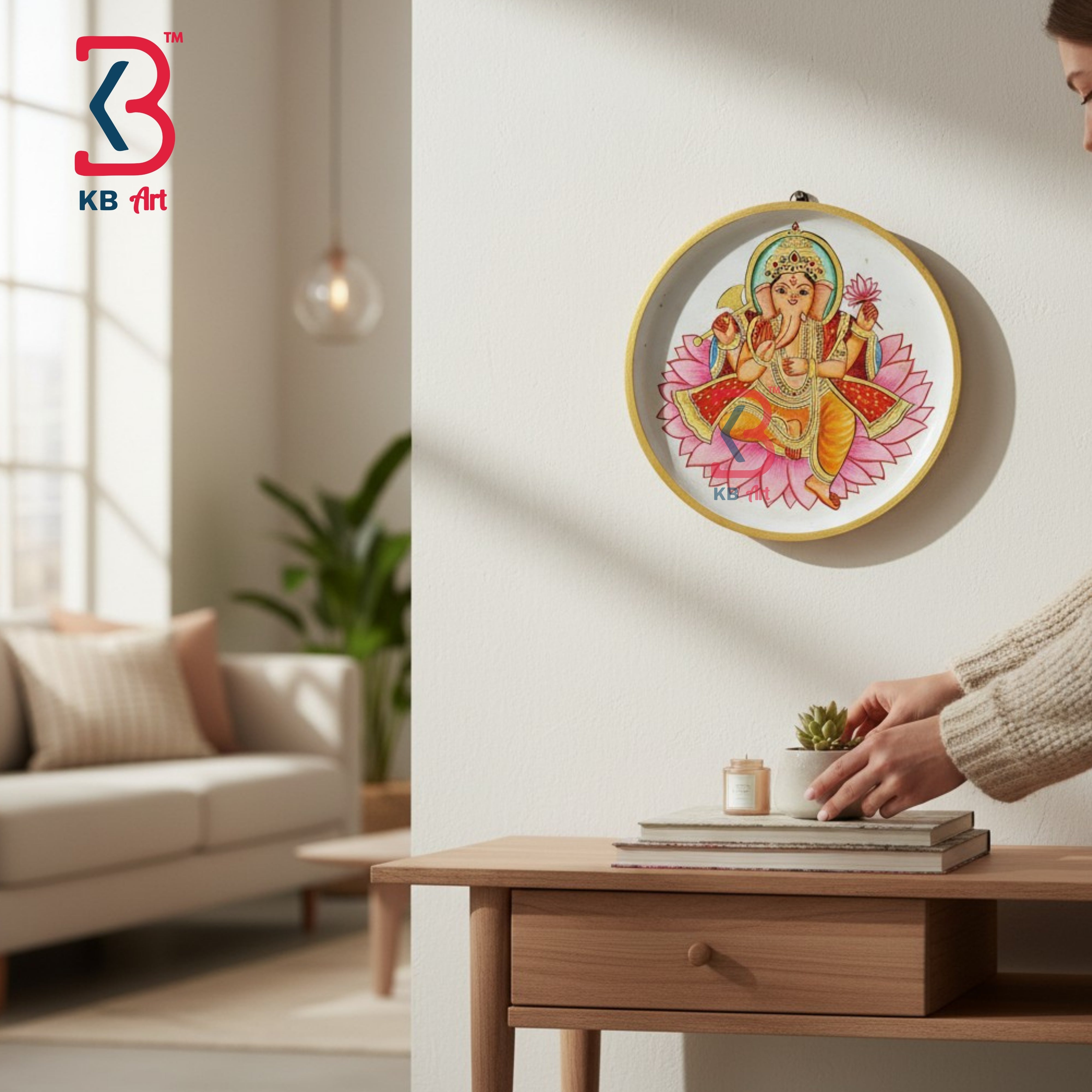 KB ART Authentic rajasthani 12 inch wood lord ganesha pichwai plate decor – original product photo on white background