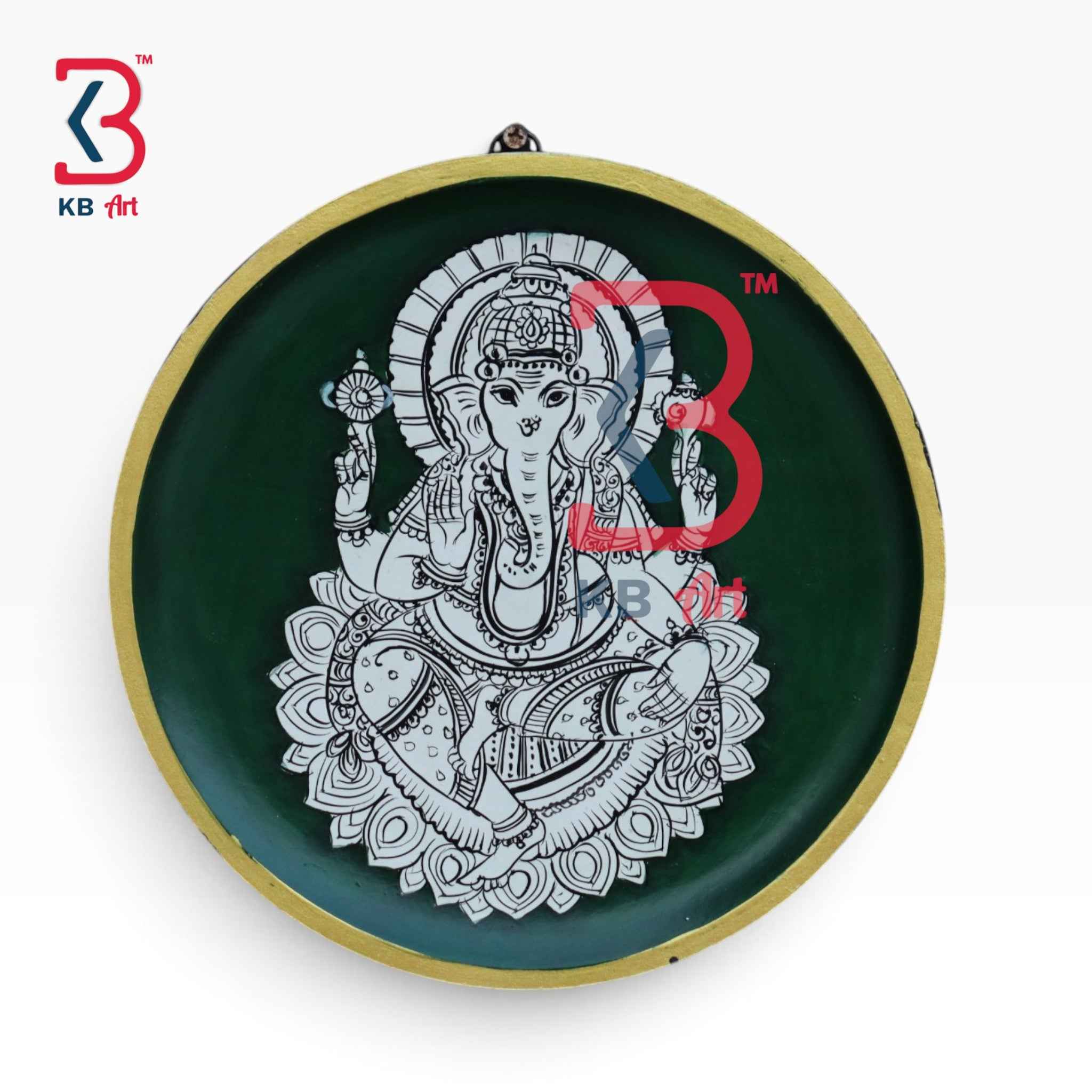 KB ART 12 Inch Handcrafted Wooden Wall Plate Pichwai Lord Ganesha Lotus Emerald Green Wall Decor