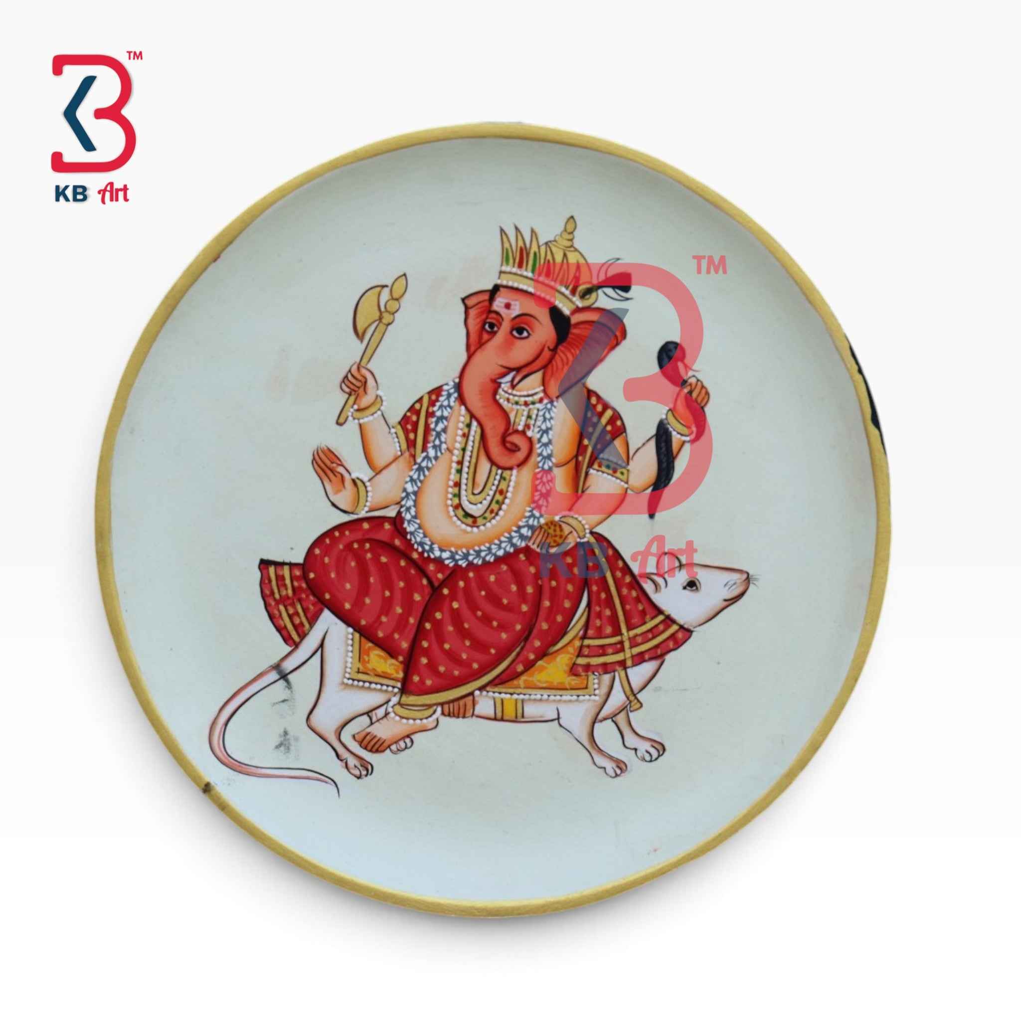 KB ART 12 Inch Handcrafted Wooden Wall Plate Pichwai Lord Ganesha with Mushak Ivory Wall Decor