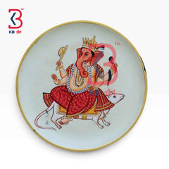 KB ART 12 Inch Handcrafted Wooden Wall Plate Pichwai Lord Ganesha with Mushak Ivory Wall Decor
