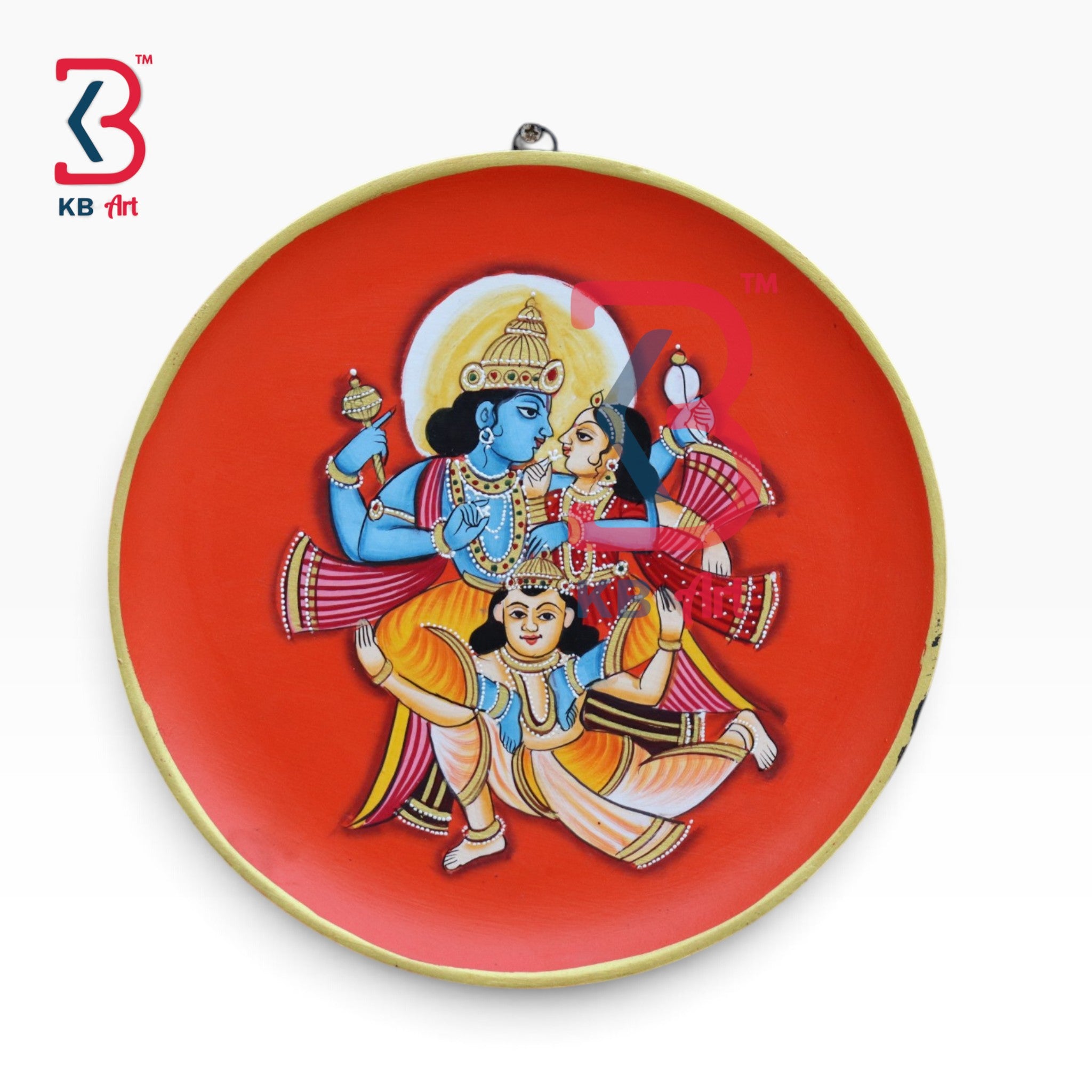 KB ART Ethnic handcrafted wooden round laxmi narayan garuda pichwai decor plate – styled home decor lifestyle view