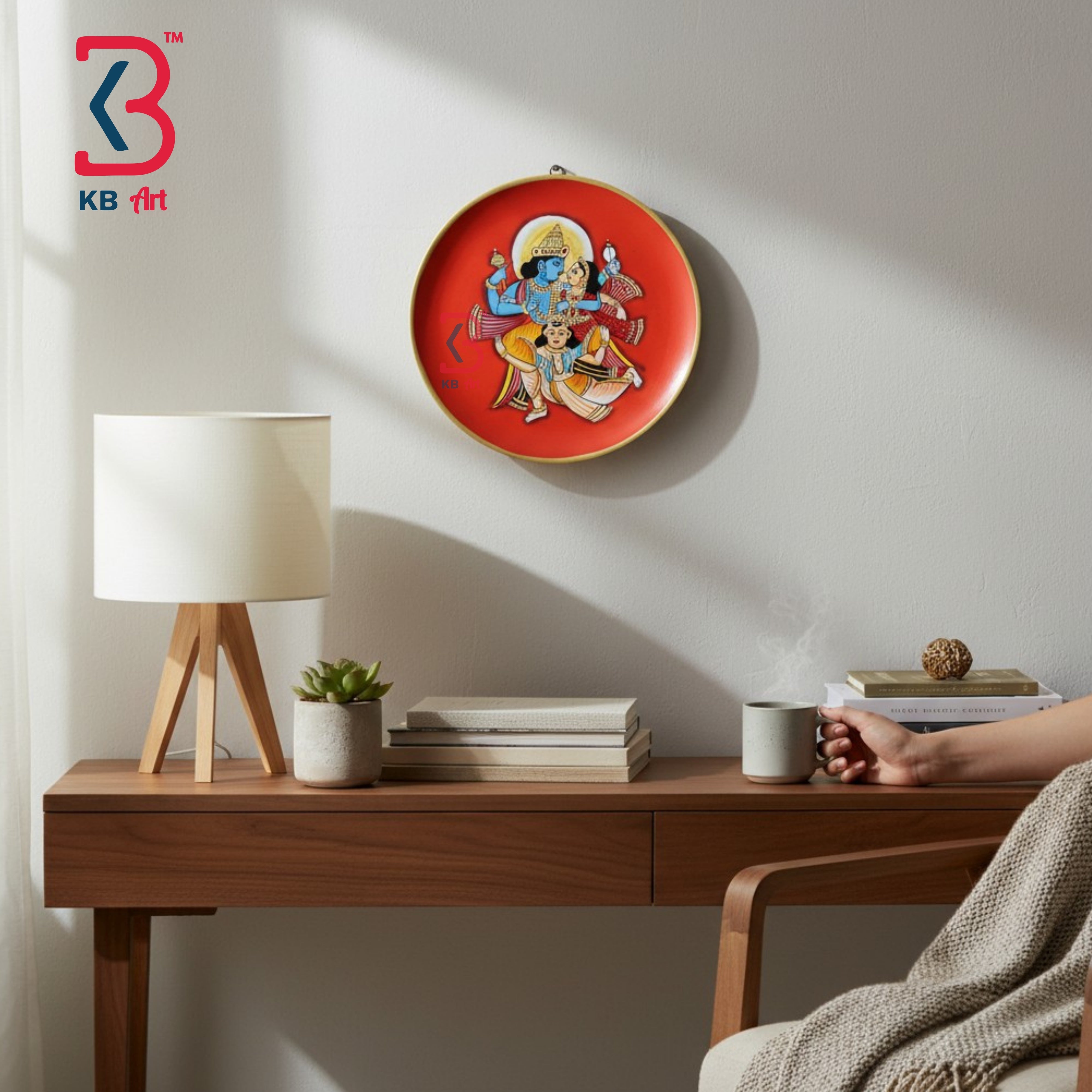 KB ART Rustic wood 12 inch laxmi narayanji garuda pichwai plate living room accent – original product photo on white...