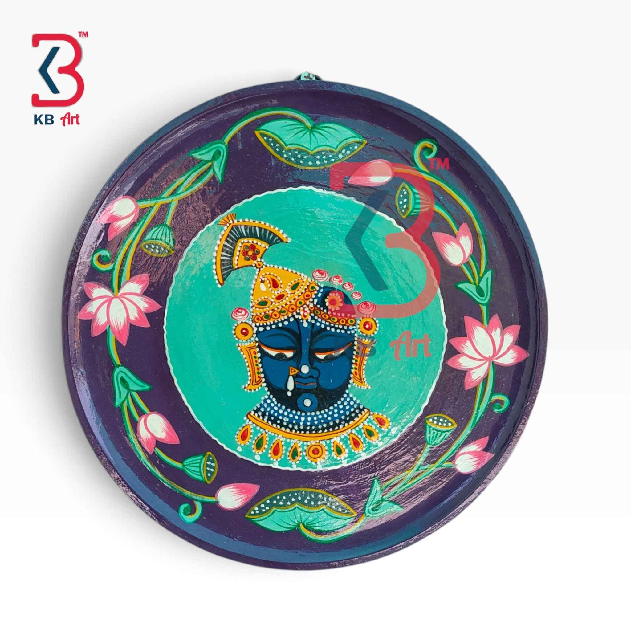 KB ART 12 Inch Handcrafted Wooden Wall Plate Pichwai Shrinathji Swaroop Purple Teal Lotus Wall Decor