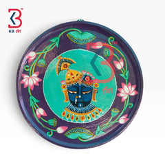 KB ART 12 Inch Handcrafted Wooden Wall Plate Pichwai Shrinathji Swaroop Purple Teal Lotus Wall Decor