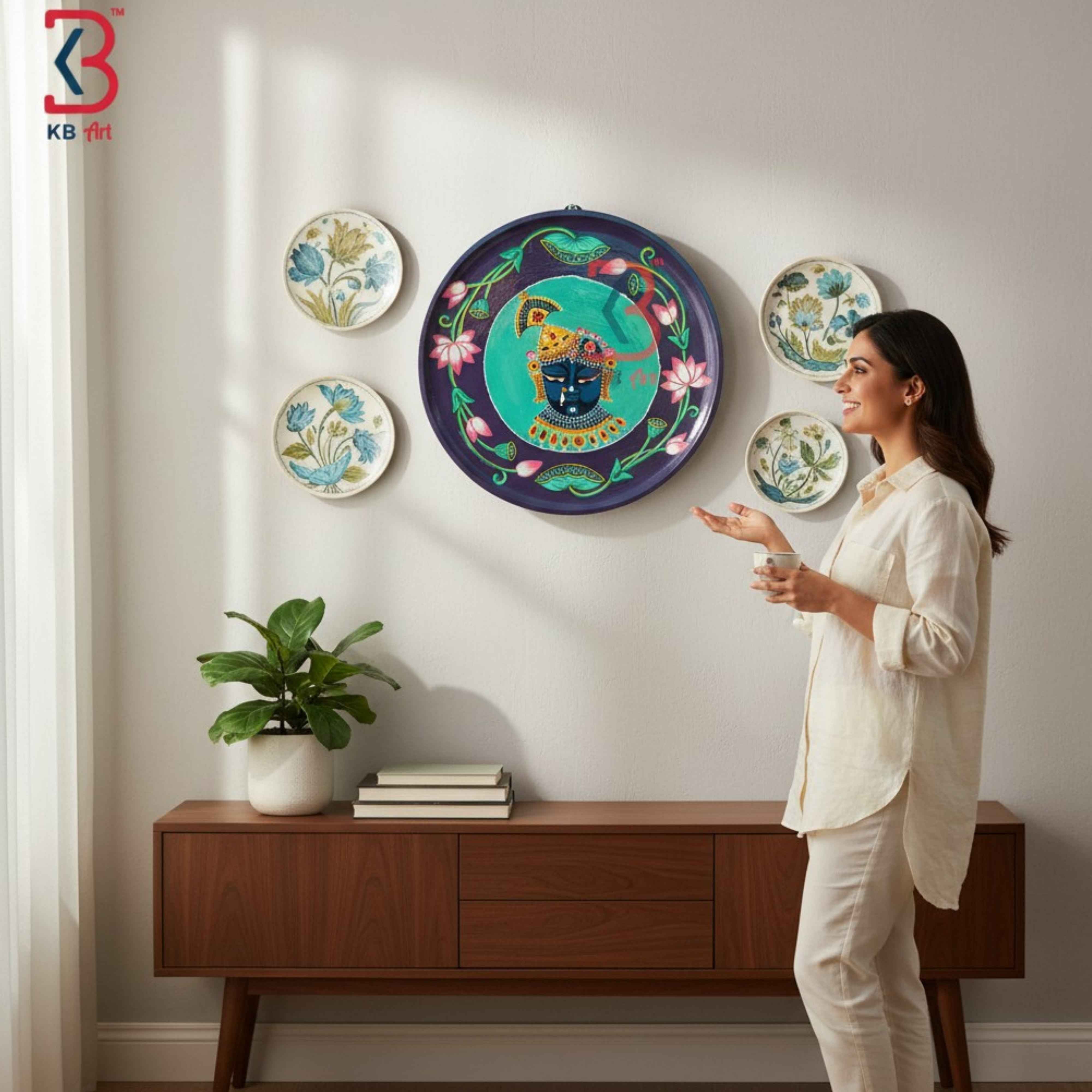KB ART 12 Inch Handcrafted Wooden Wall Plate Pichwai Shrinathji Swaroop Purple Teal Lotus Wall Decor