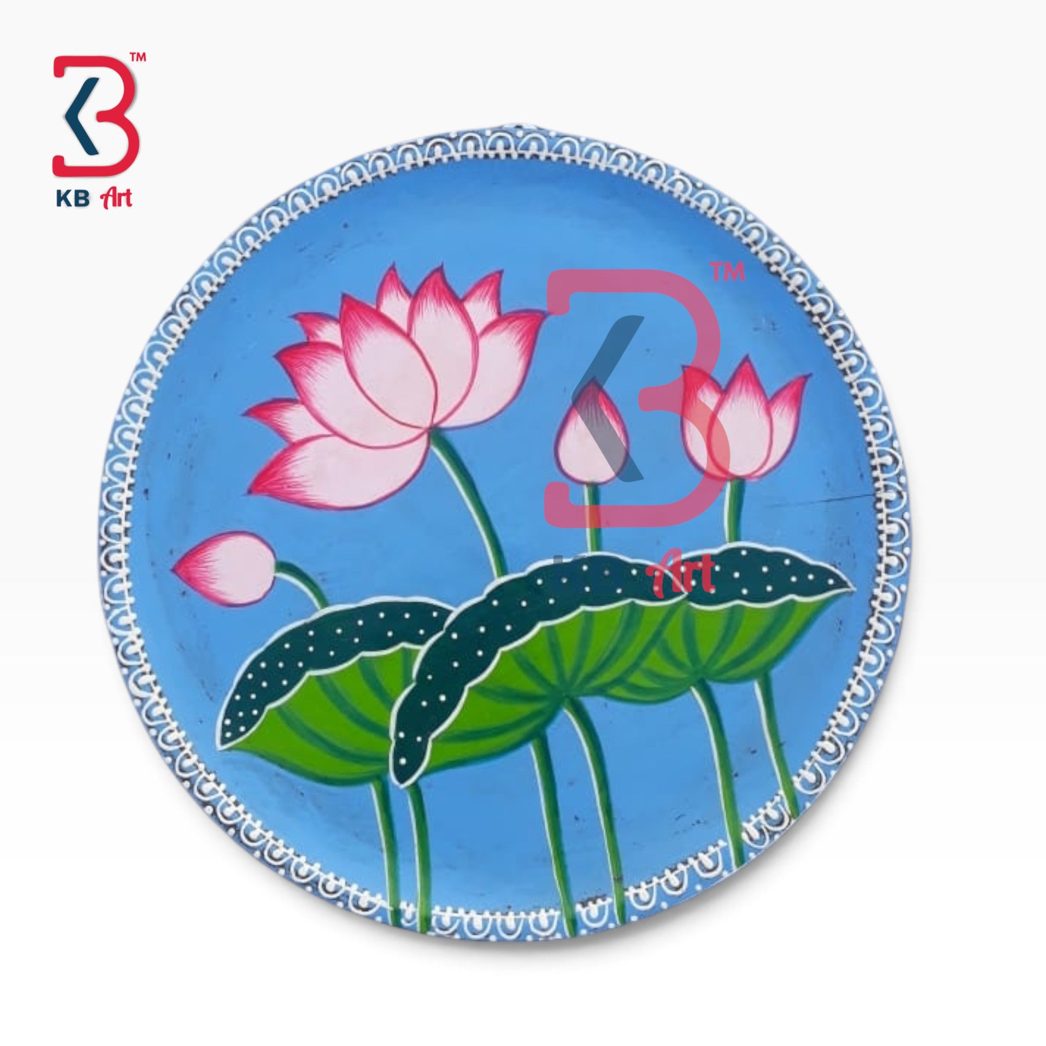 KB ART Traditional rajasthani hand painted 12 inch wood kamal pichwai plate – styled home decor lifestyle view