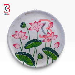 KB ART 12 Inch Handcrafted Wooden Wall Plate Pichwai Blooming Lotus Pond Antique White Wall Decor