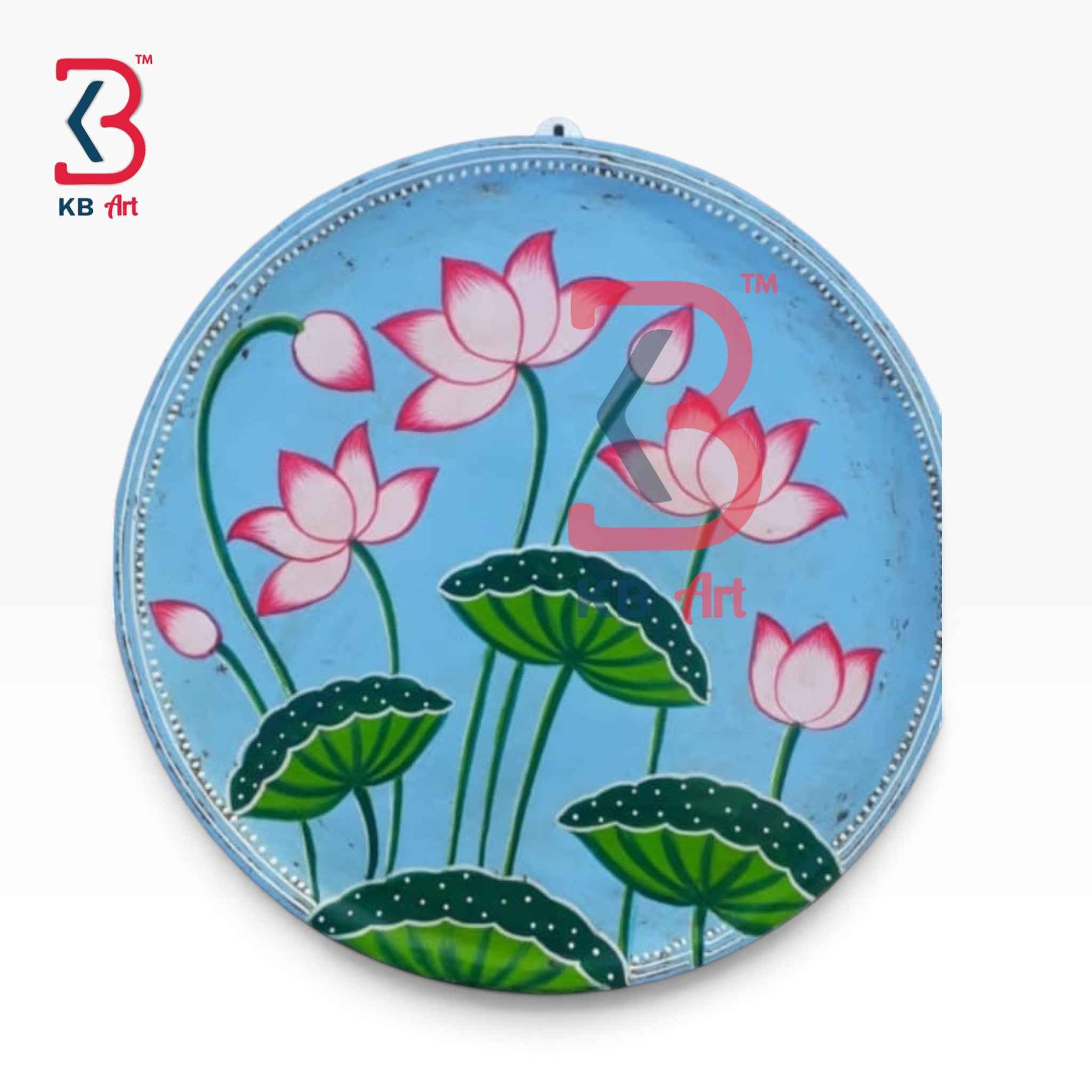 KB ART 12 Inch Handcrafted Wooden Wall Plate Pichwai Blooming Lotus Pond Sky Blue Wall Decor