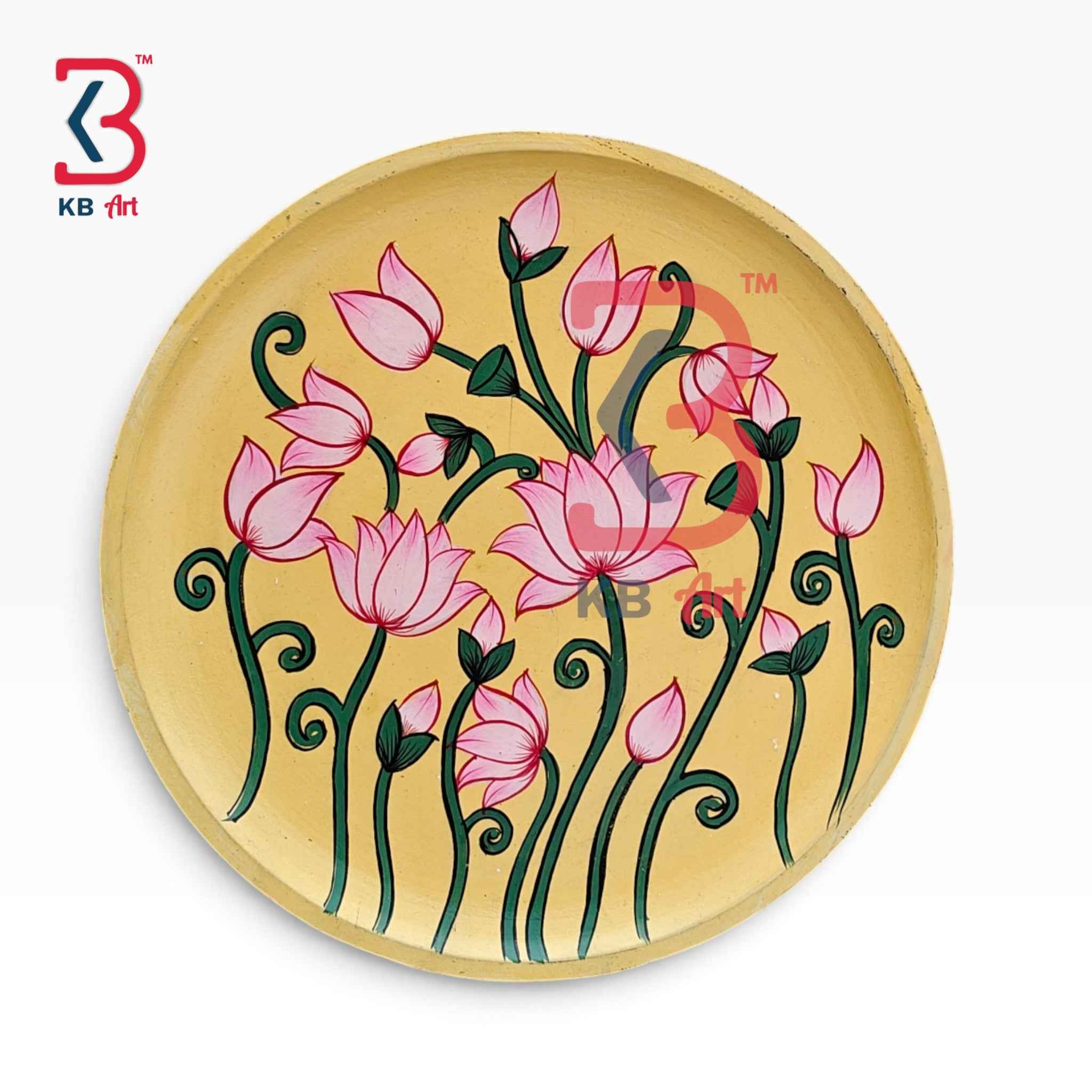 KB ART 12 Inch Handcrafted Wooden Wall Plate Pichwai Blooming Lotus Garden Mustard Yellow Wall Decor