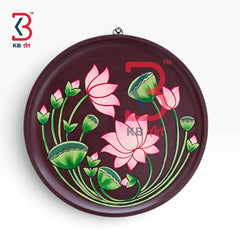 KB ART 12 Inch Handcrafted Wooden Wall Plate Pichwai Blooming Lotus Pond Distressed Maroon Wall Decor