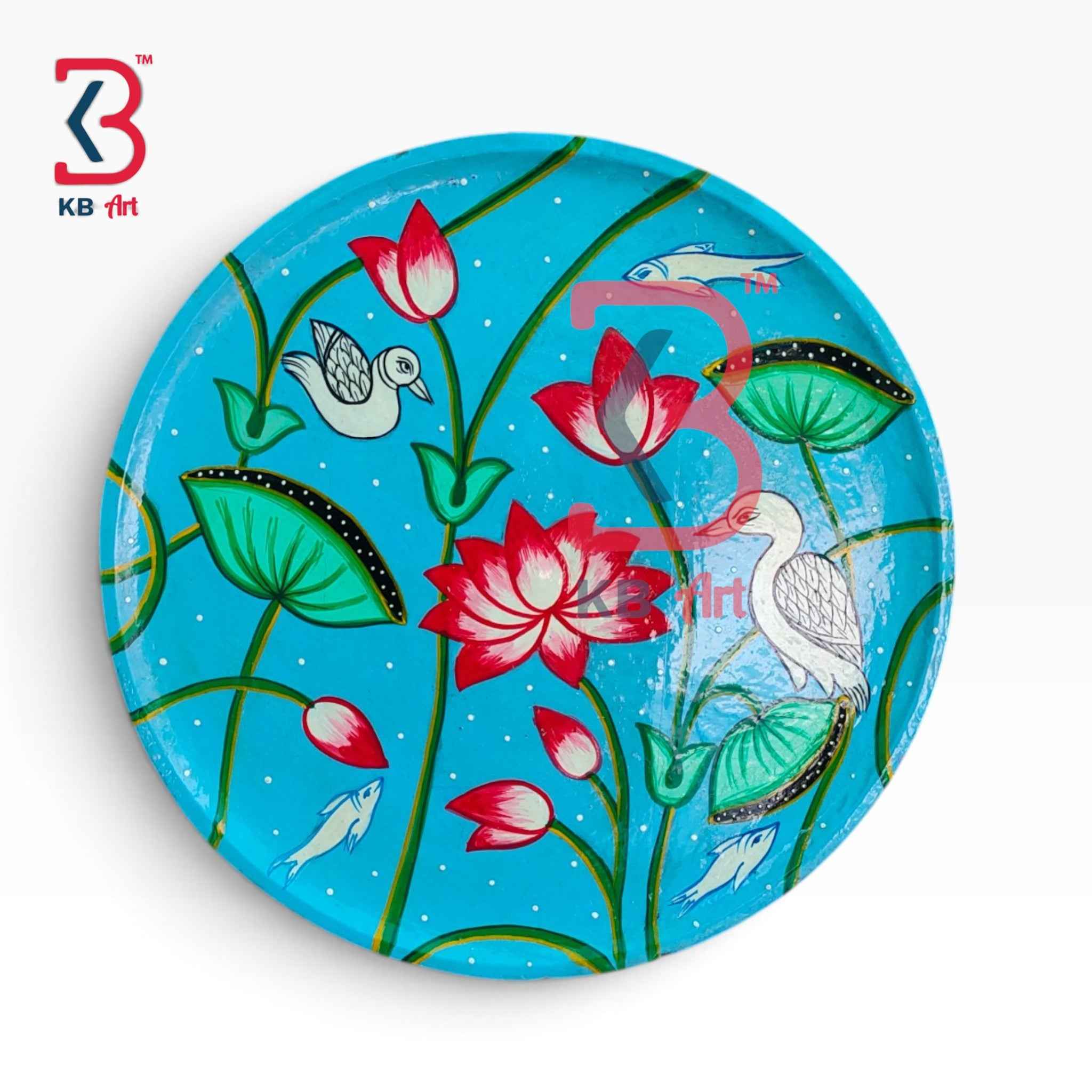 KB ART 12 Inch Handcrafted Wooden Wall Plate Pichwai Lotus Pond Ducks Fish Turquoise Wall Decor