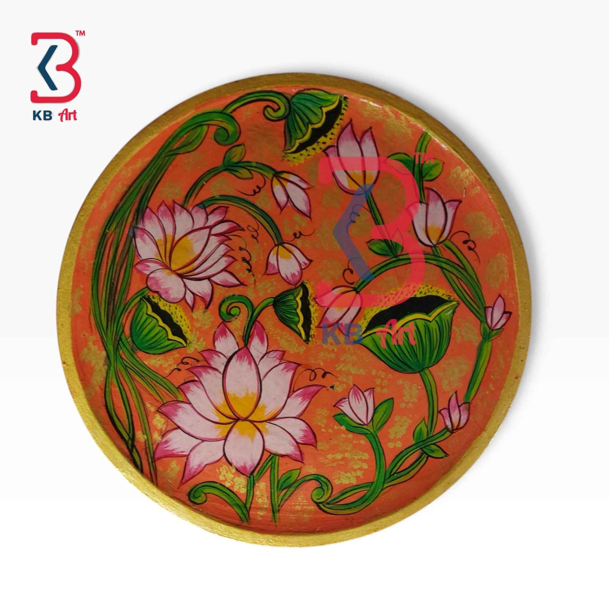 KB ART 12 Inch Handcrafted Wooden Wall Plate Pichwai Blooming Lotus Pond Terracotta Peach Gold Wall Decor