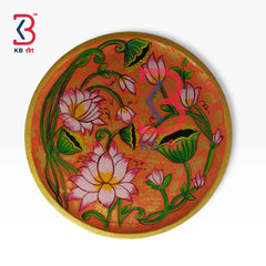 KB ART 12 Inch Handcrafted Wooden Wall Plate Pichwai Blooming Lotus Pond Terracotta Peach Gold Wall Decor