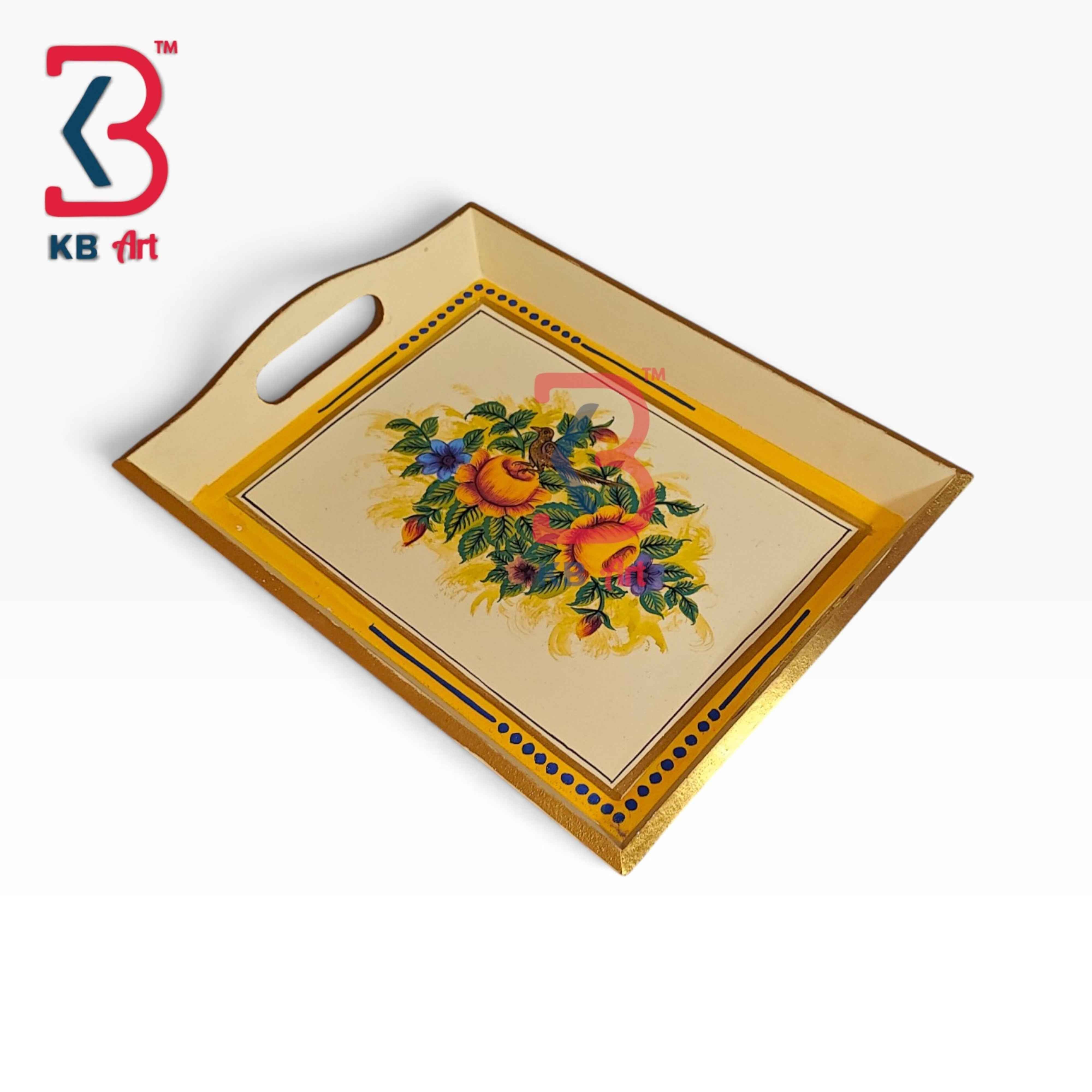 KB ART Handcrafted Wooden MDF Serving Tray With Cutout Handles Decorative Floral Art Coffee Table Organizer Breakfast Dining Room Tableware