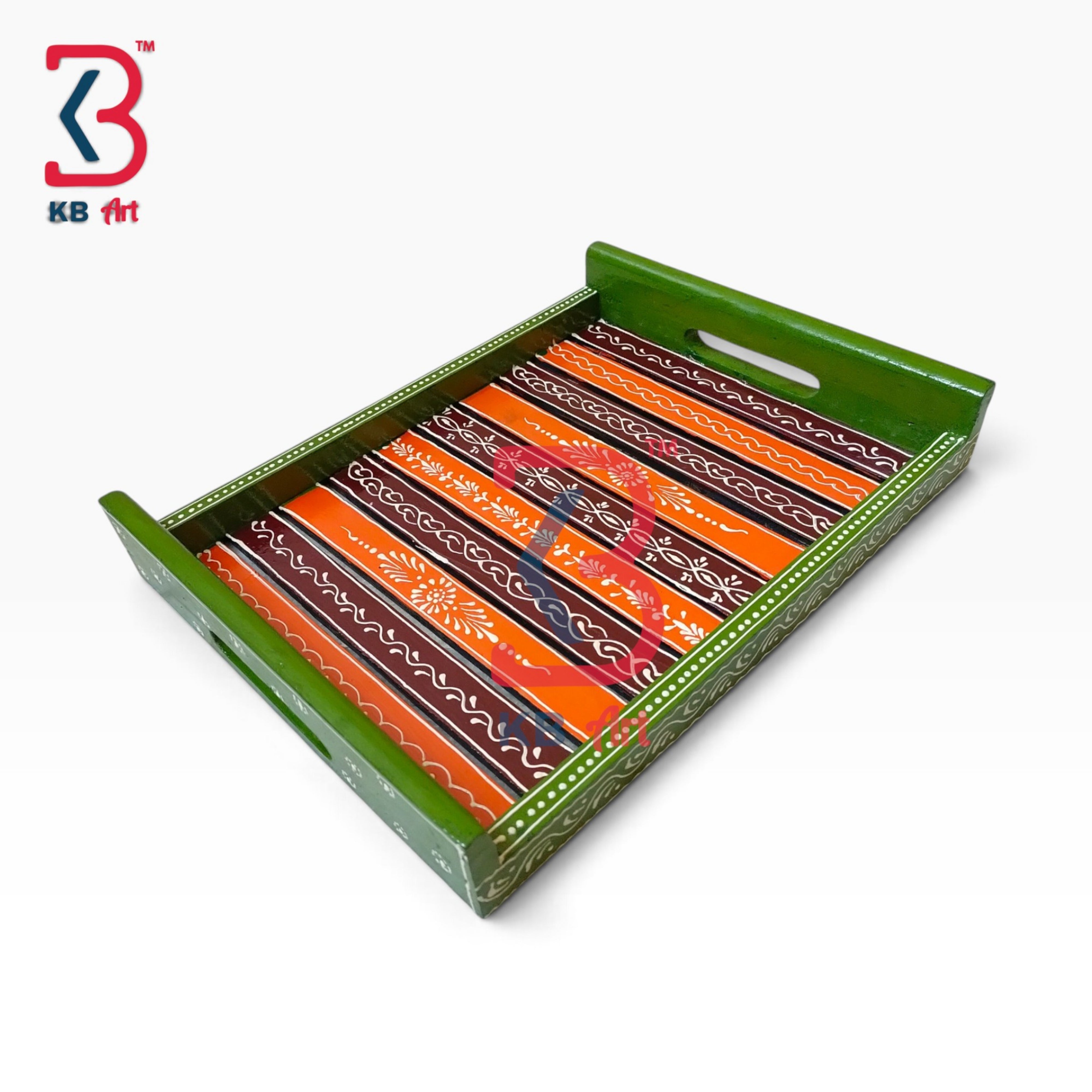 KB ART Traditional Rajasthani Hand Painted Wooden Strip Tray | Styled Home Decor Shot KB-5736-B