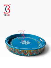 KB ART Ethnic Handcrafted Round Wooden Serving Tray Traditional Hand Painted Circular Breakfast Platter Centerpiece Dining Table Decor Tableware Tray