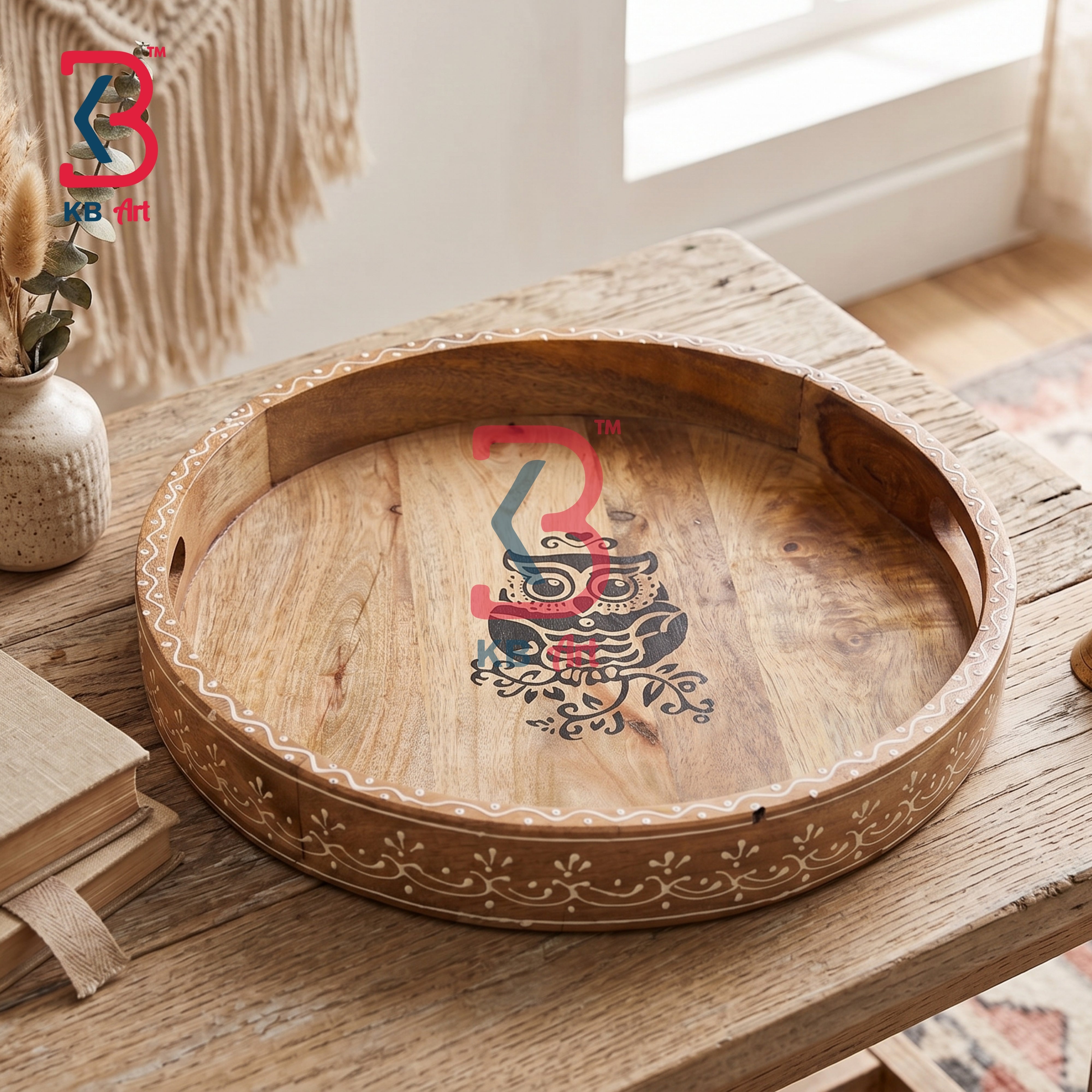 KB ART Ethnic Handcrafted Round Wooden Serving Tray | Original Product Photo KB-5749-B