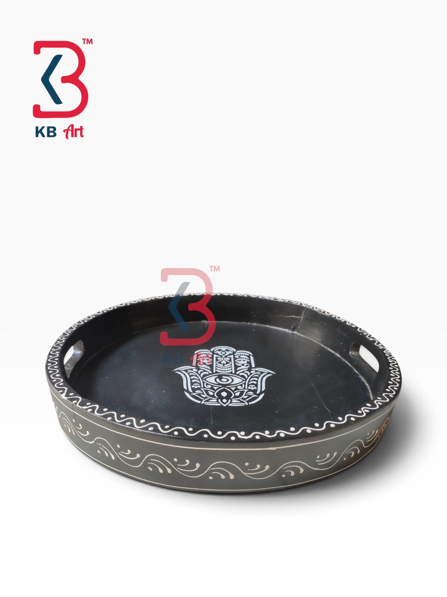KB ART Ethnic Rajasthani Wood Round Serving Platter Tray | Styled Home Decor Shot KB-5751-B