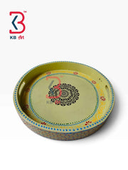 KB ART Ethnic Handcrafted Round Wooden Serving Tray Traditional Hand Painted Circular Breakfast Platter Centerpiece Dining Table Decor Tableware Tray