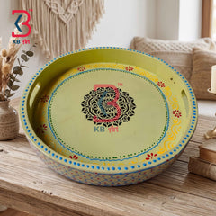 KB ART Ethnic Handcrafted Round Wooden Serving Tray Traditional Hand Painted Circular Breakfast Platter Centerpiece Dining Table Decor Tableware Tray