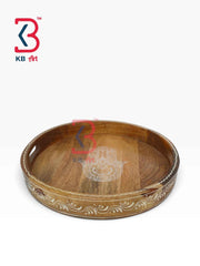KB ART Ethnic Handcrafted Round Wooden Serving Tray Traditional Hand Painted Circular Breakfast Platter Centerpiece Dining Table Decor Tableware Tray