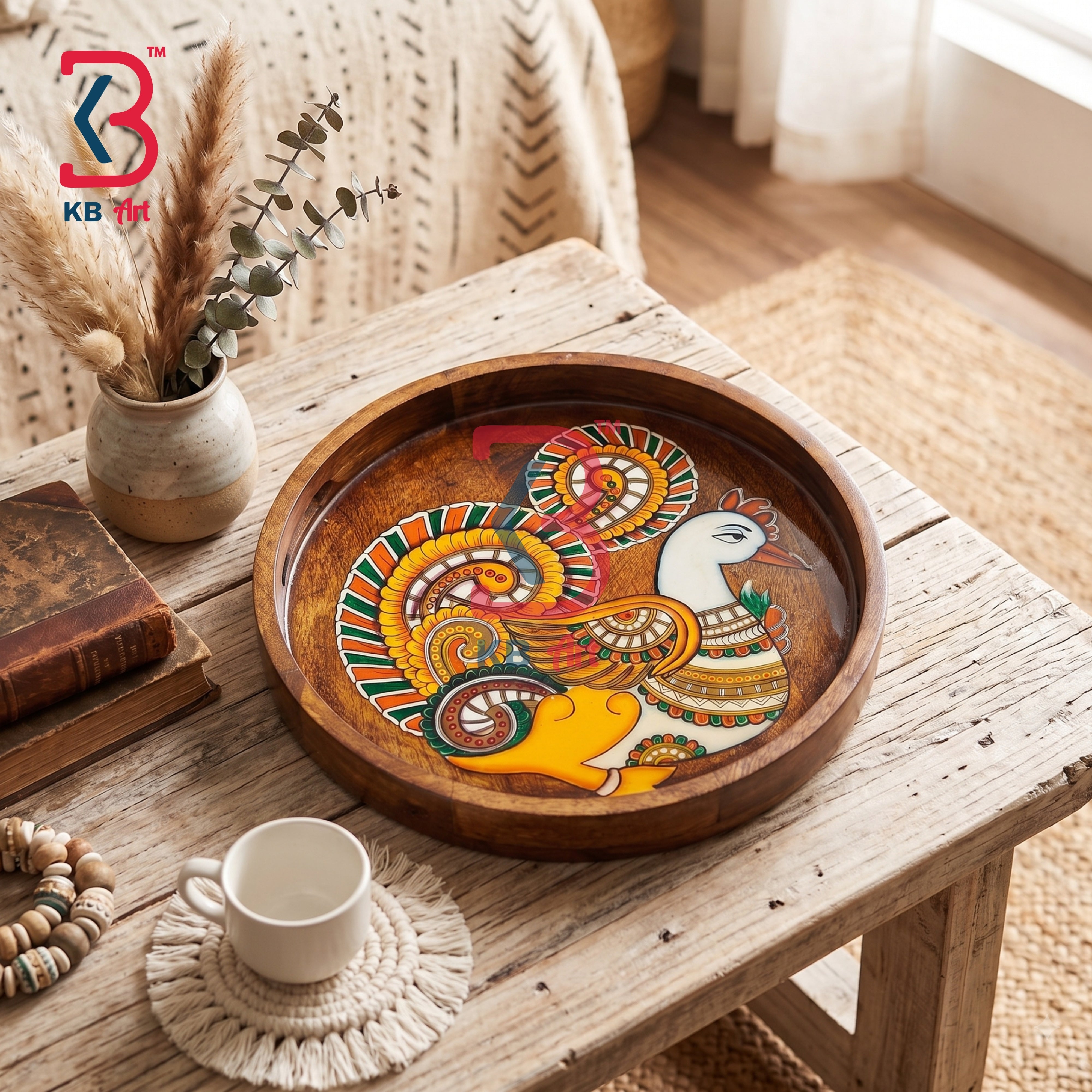 KB ART Ethnic Handcrafted Round Wooden Serving Tray | Original Product Photo KB-5756-B