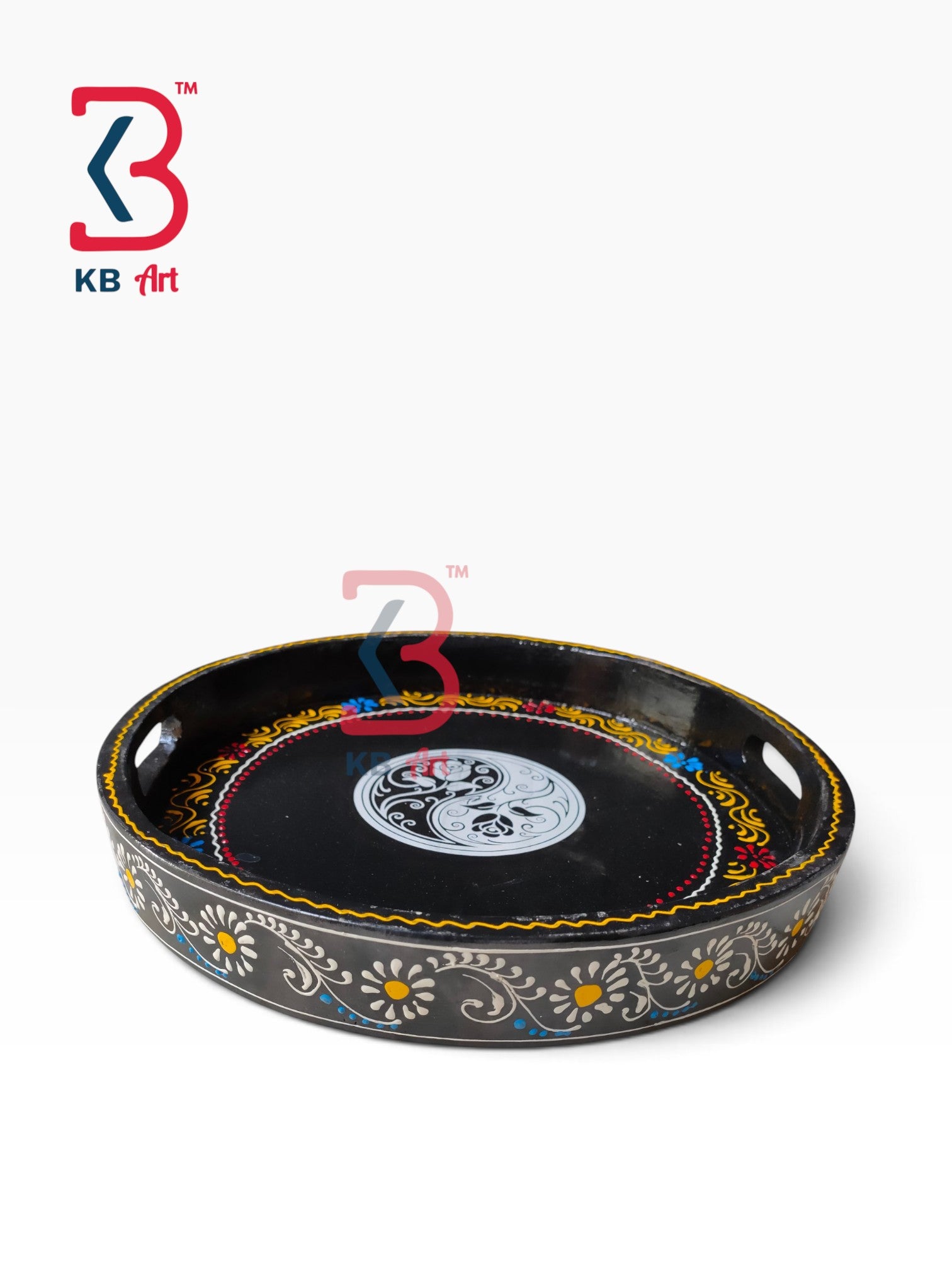 KB ART Artisan Made Decorative Circular Wooden Tray Platter | Styled Home Decor Shot KB-5757-B