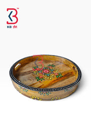KB ART Rustic Indian Handicrafts Circular Wood Serving Tray | Styled Home Decor Shot KB-5758-B