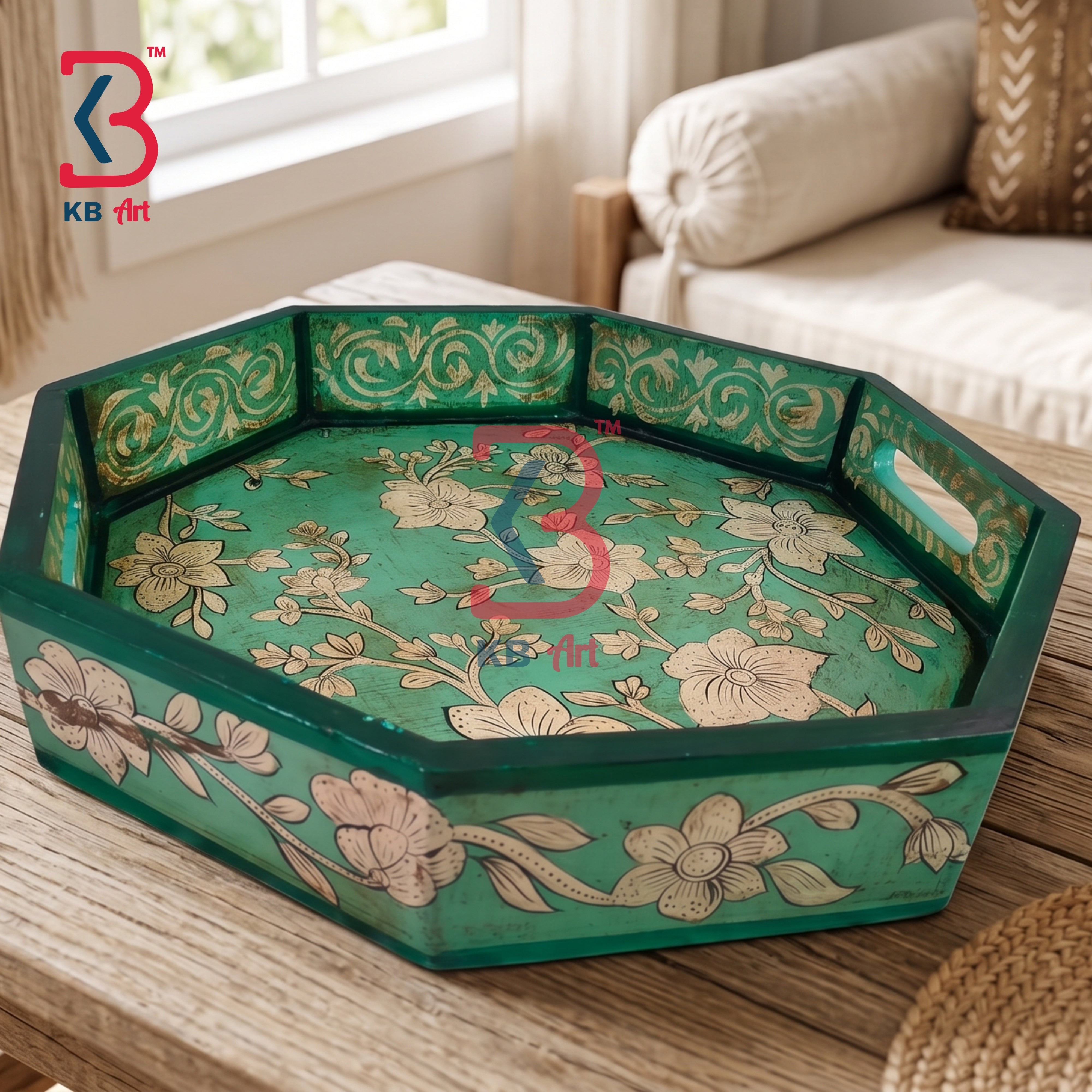 KB ART Handcrafted Hexagon Tray For Balcony Coffee Table | Styled Home Decor Shot KB-5760-B