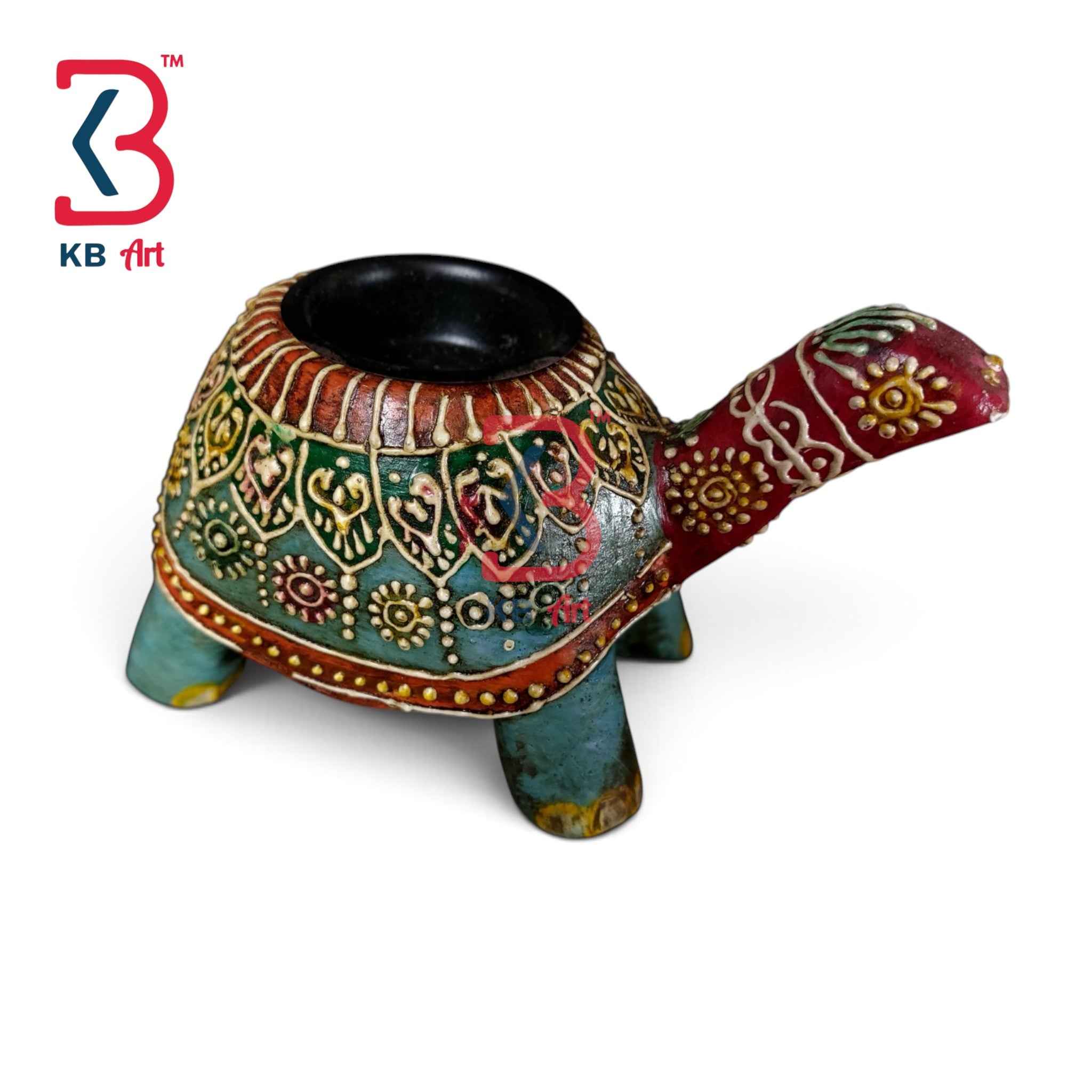 KB ART Hand-Painted Wooden Turtle Tealight Candle Holder Rajasthani Tortoise Diya Stand