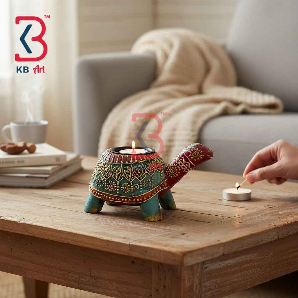 KB ART Hand-Painted Wooden Turtle Tealight Candle Holder Rajasthani Tortoise Diya Stand