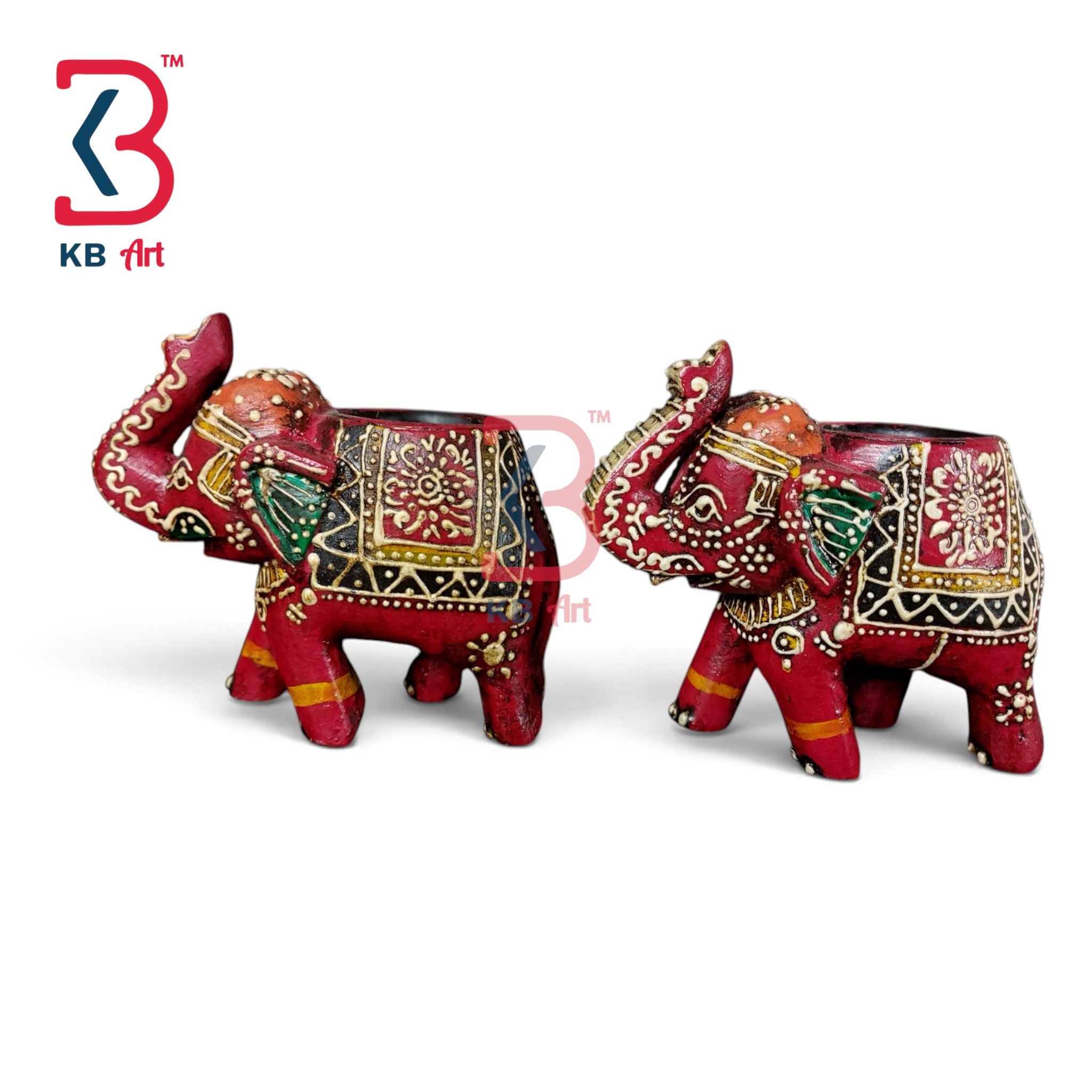 Two decorative elephant-shaped planters in a rich red color, adorned with intricate gold, green, and white hand-painted patterns, shown on a white background with a KB Art logo.