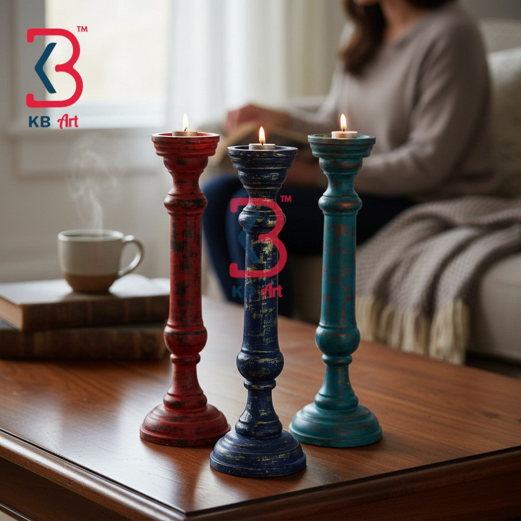 Three distressed wooden candlesticks in red, dark blue, and teal are lit and displayed on a wooden table in a cozy living room setting, with a woman sitting in the background.