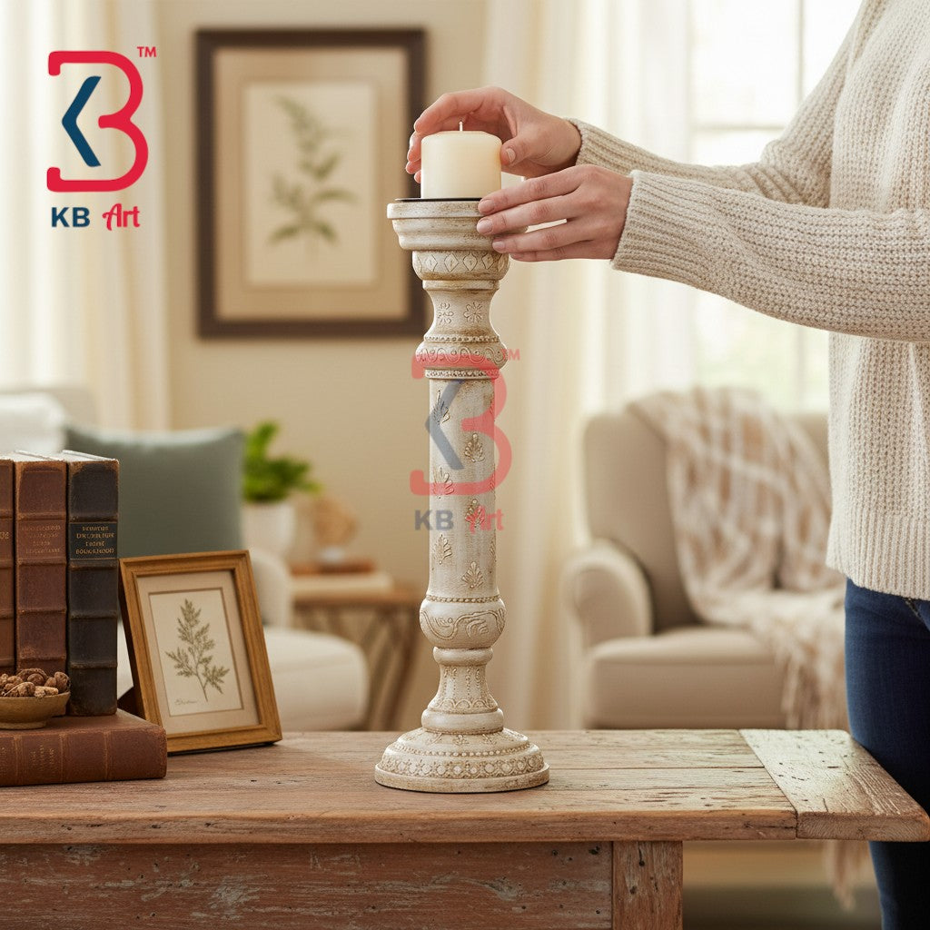 wooden tlight pillar handcarved handpainted ambosed pillar