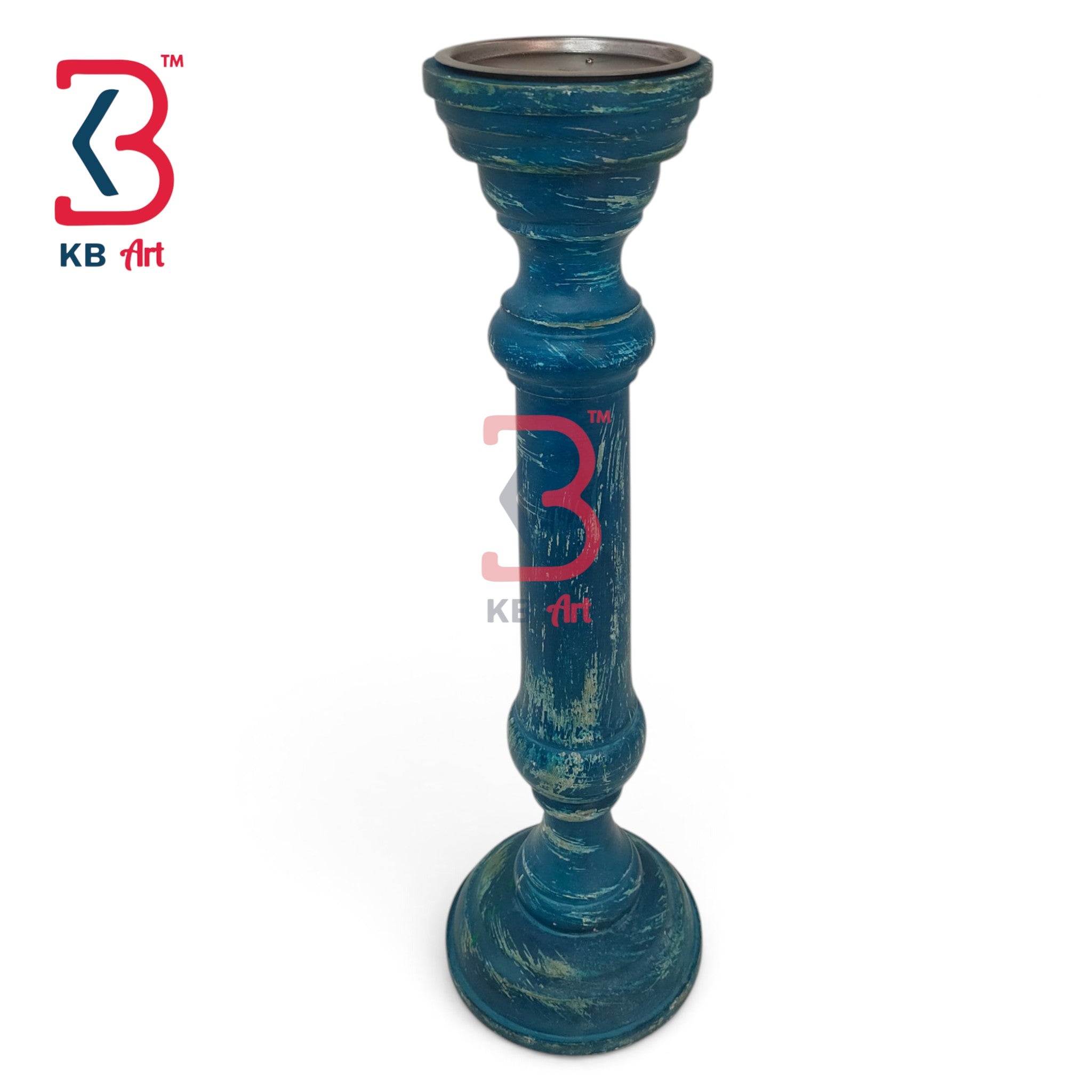 A distressed teal blue candlestick holder with a rustic, weathered finish and a silver metal rim at the top, shown on a white background with a KB Art logo overlay.