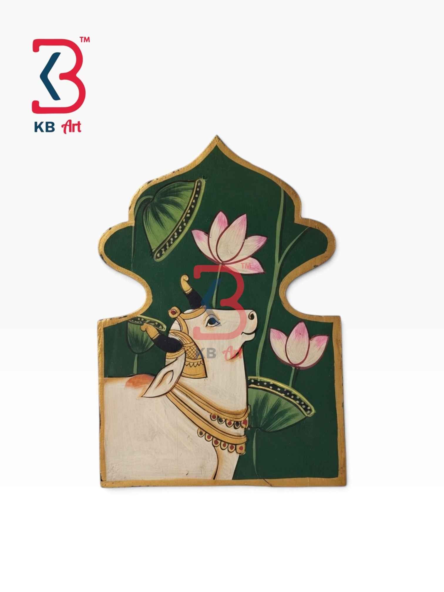 KB ART Handcrafted Wooden Jharokha Wall Panel Pichwai Kamdhenu Cow Lotus Emerald Green Arch